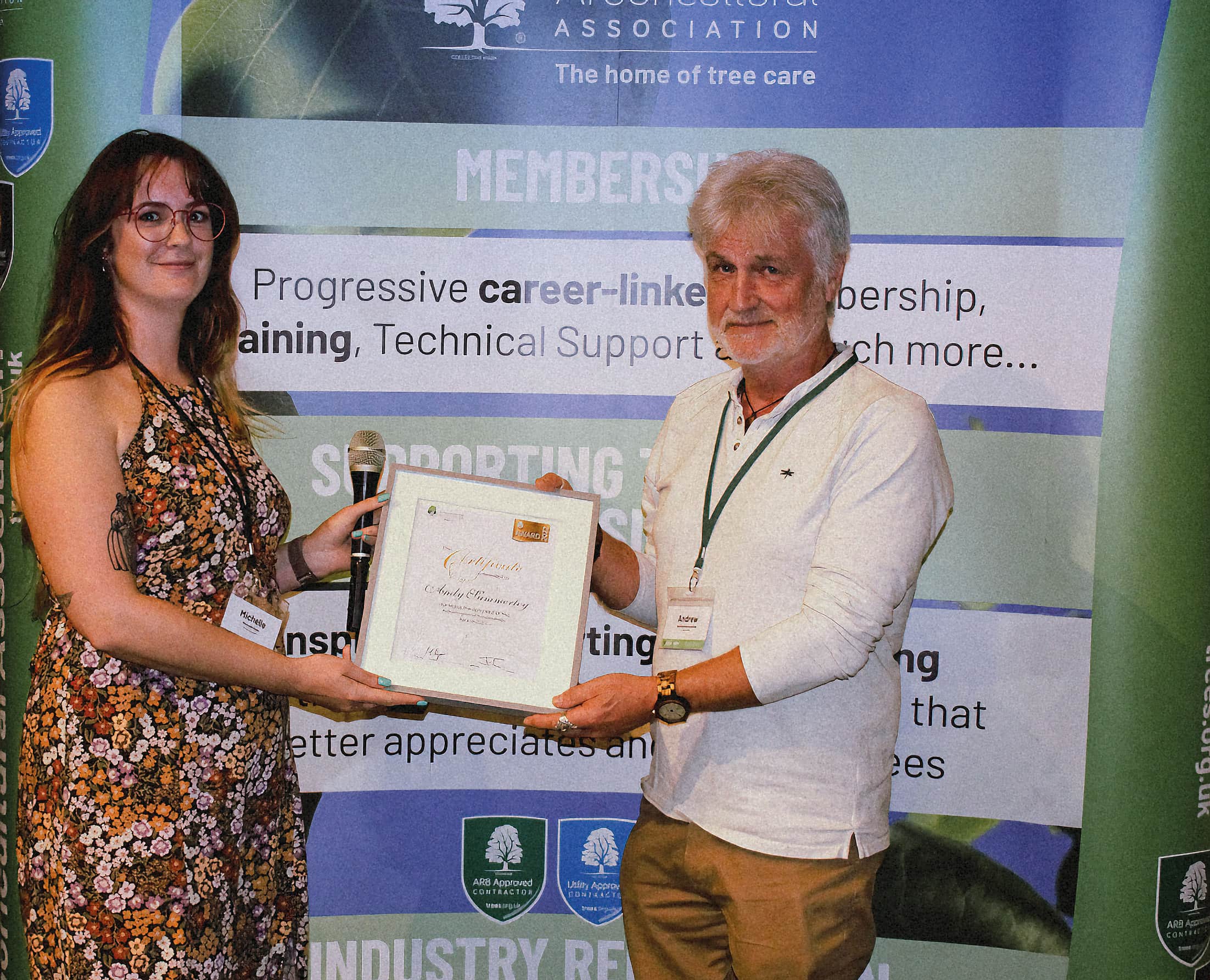 Michelle Ryan, Association Chair, presents Andy Summerley  with the Arboricultural Association Award