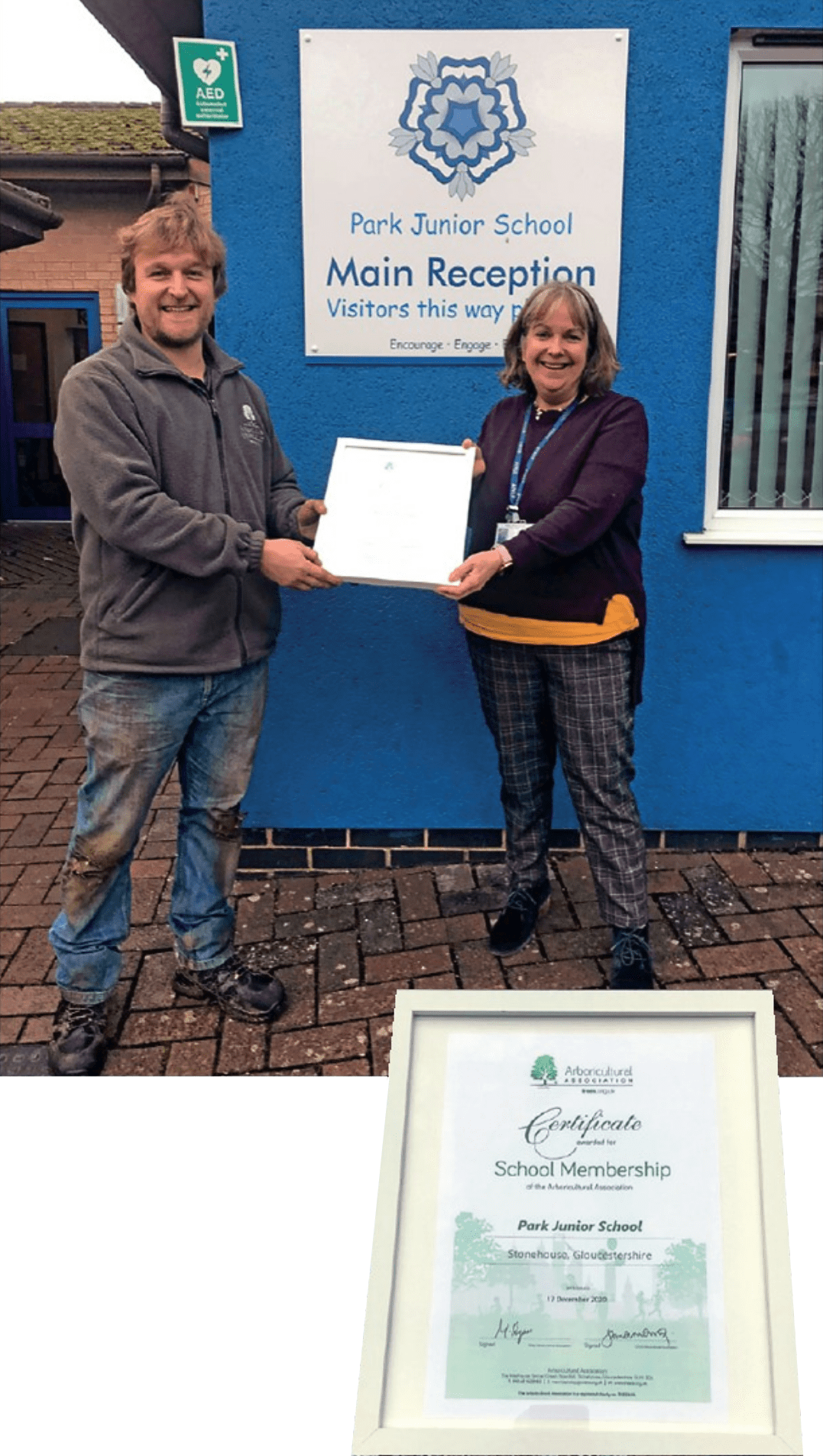 John Parker presents the Deputy Head Lynne Robbins with Park Junior’s School Membership Certificate