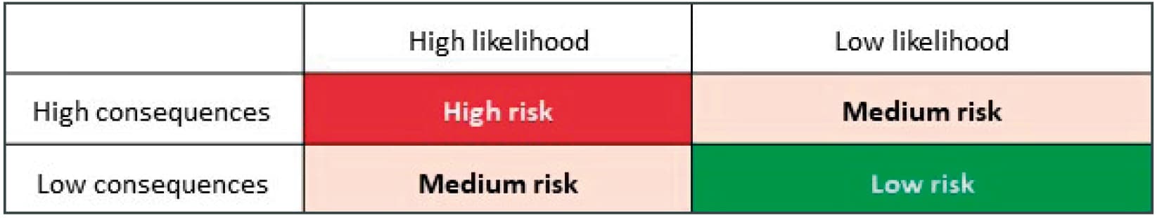 A simplistic matrix conceptualising the outcomes of likelihood of failure and consequences combinations