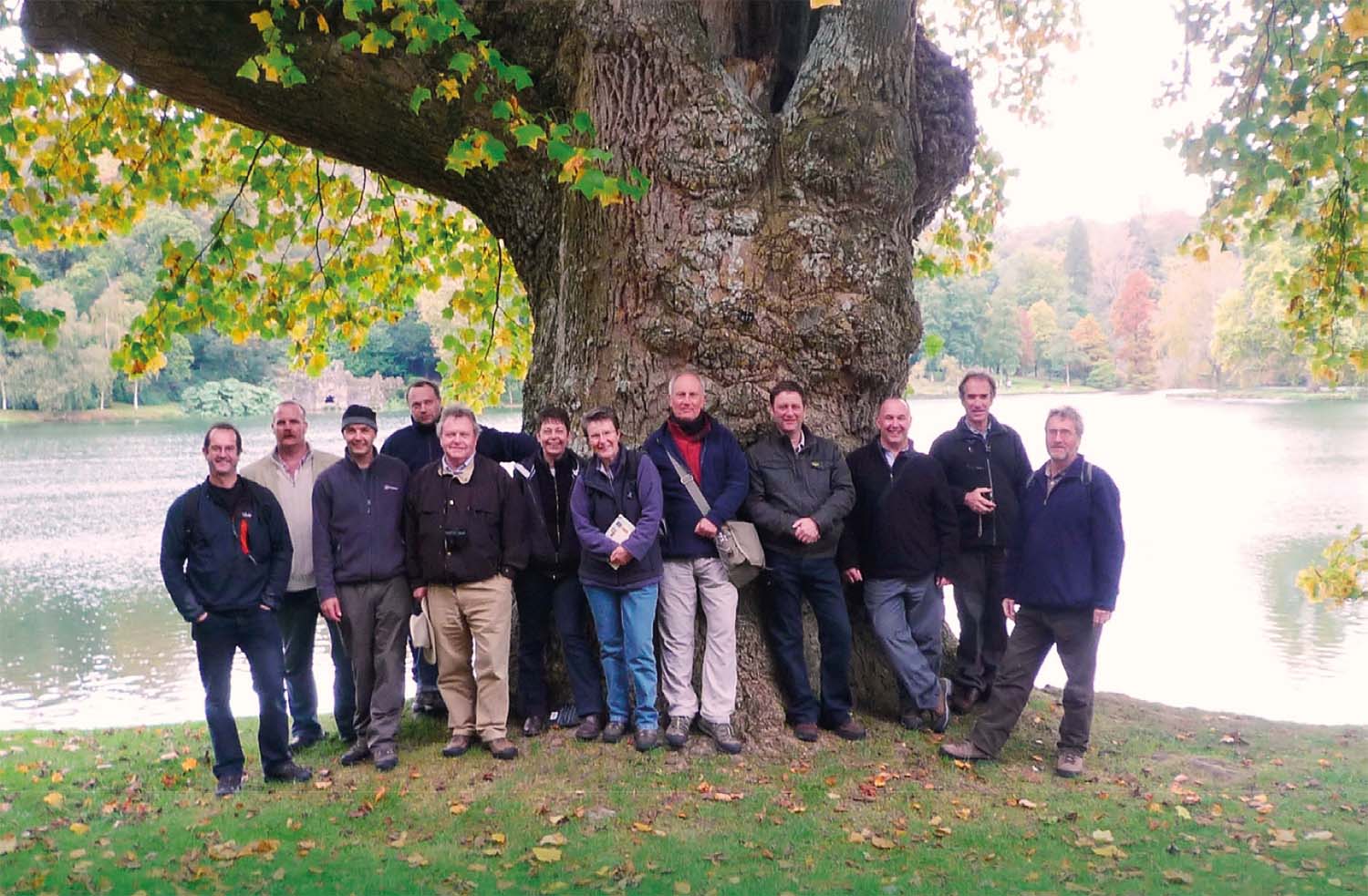 Sue (sixth from right) with fellow tree gazers under the mighty Liriodendron at Stourhead, 2011.