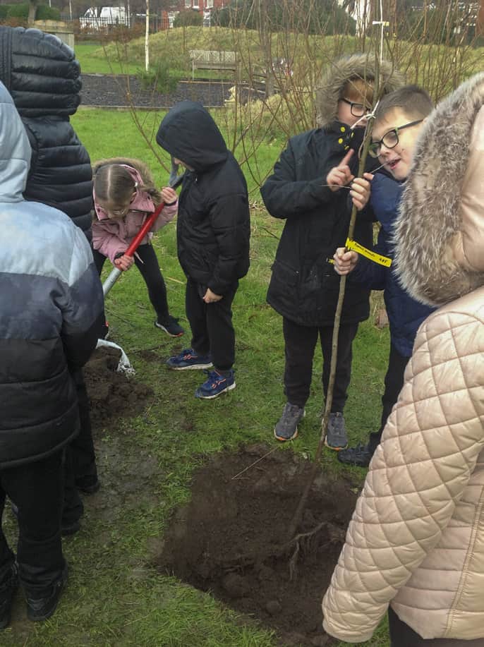 1. Hawes Side Academy. Students eagerly took turns digging the pit for their Populus tremula, 2022. (Photo: Hawes Side Academy)
