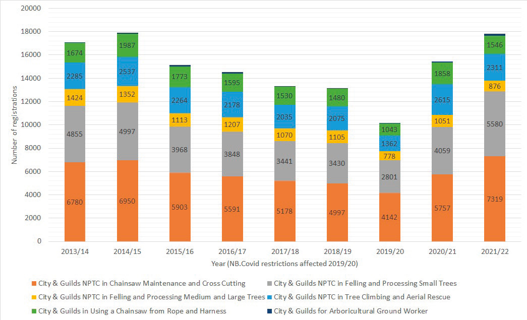 Figure 1: The number of City & Guilds arb qualification registrations by year, 2013–2022.