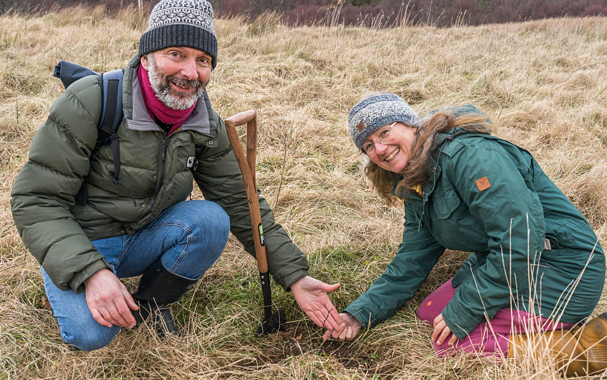 Max Coleman and Mandy Haggith planting elms during a community event in Assynt. 