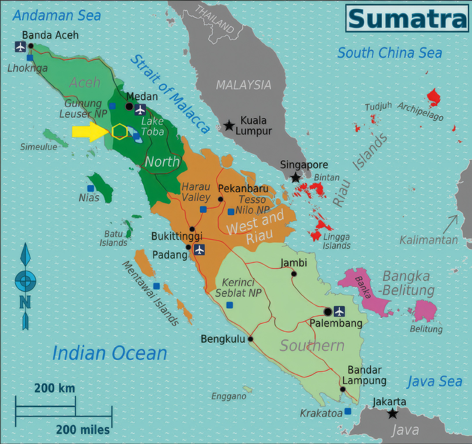 The team flew into Medan and the project area is indicated in yellow. (base map: www.commons.wikimedia.org)