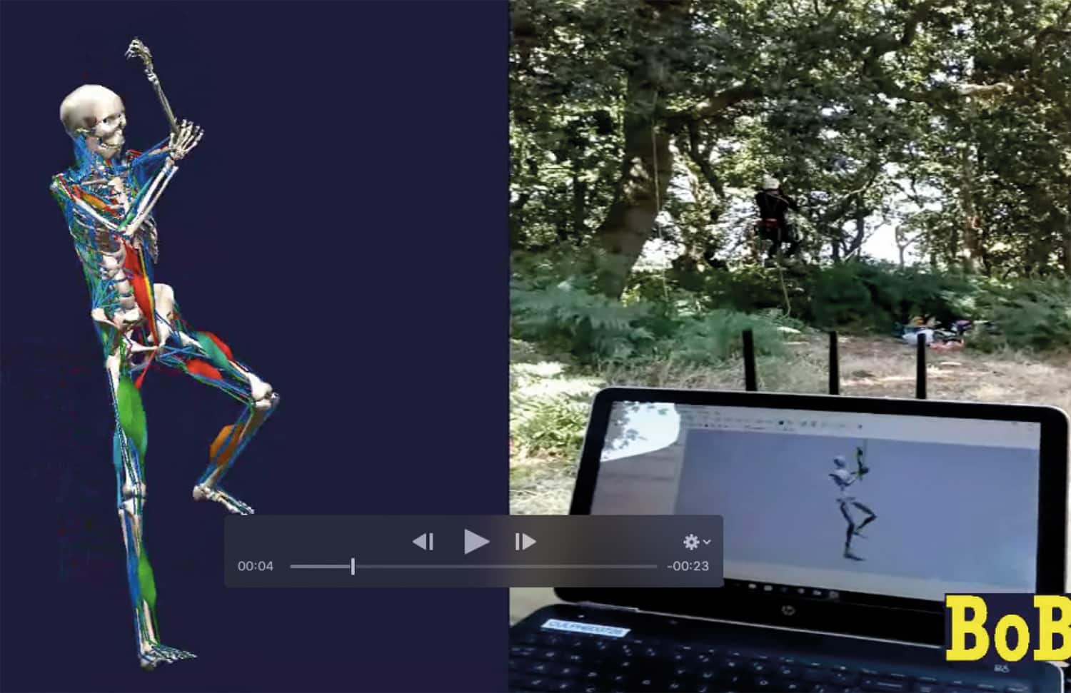 Climber’s movements being captured live (right). The image on the left shows how the software can highlight which muscles are being loaded in a particular work position.