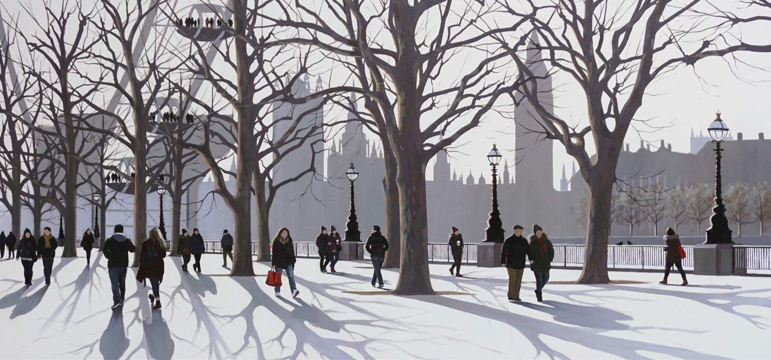 1. And now the avenue features in a work of art by Jo Quigley titled A View of Parliament, which shows people and London planes in wonderful winter light and shade. (Reproduced by kind permission of the artist www.quigleyarts.co.uk/published by Collier and Dobson)