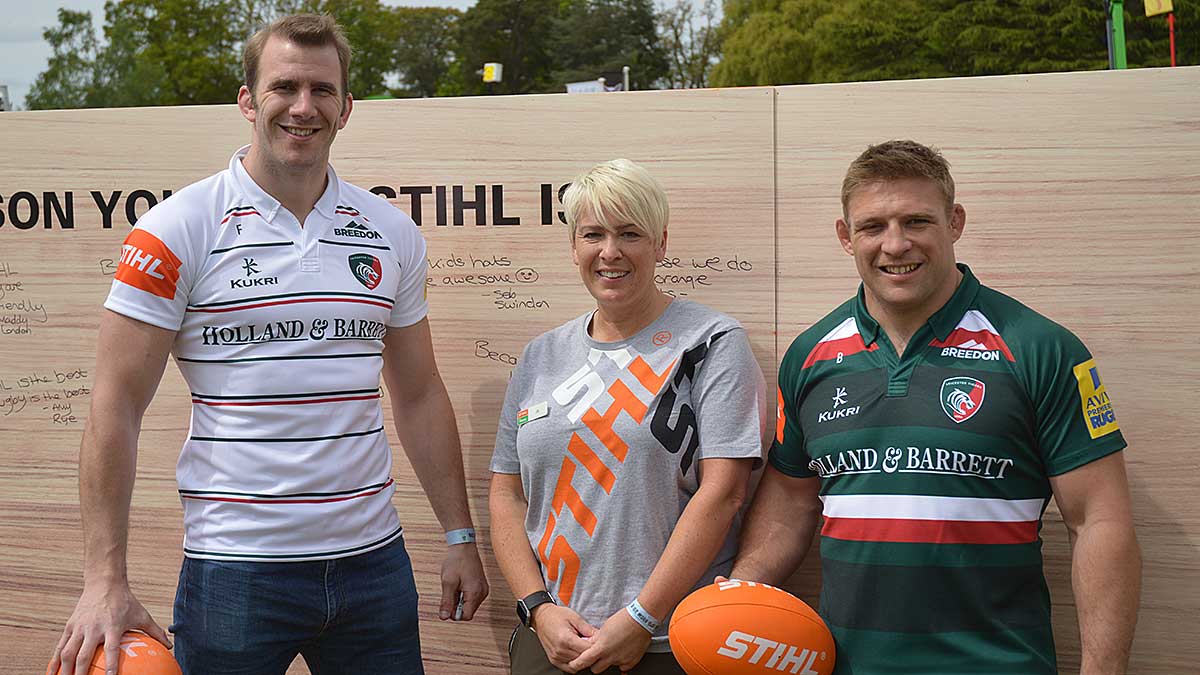 Tom Croft and Tom Youngs signing rugby balls at the STIHL rugby tackle game Tom Croft and Tom Youngs signing rugby balls at the STIHL rugby tackle game